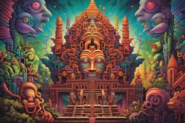 Fototapeta premium Vividly colored temple structure featuring prominent facial architectural elements