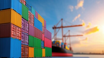 Fototapeta premium Colorful stacked shipping containers are next to a large cargo ship