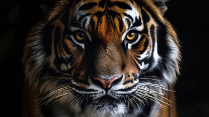 Close-up of a tiger's intense gaze.  Sharp focus on its face, showcasing intricate stripes and piercing eyes against a black background