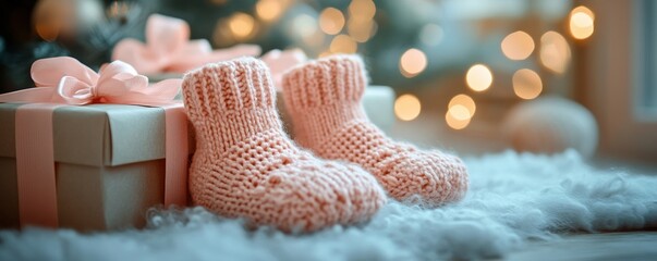 Pink Baby Booties on Gift Boxes with Ribbons for Baby Shower First Birthday Celebration
