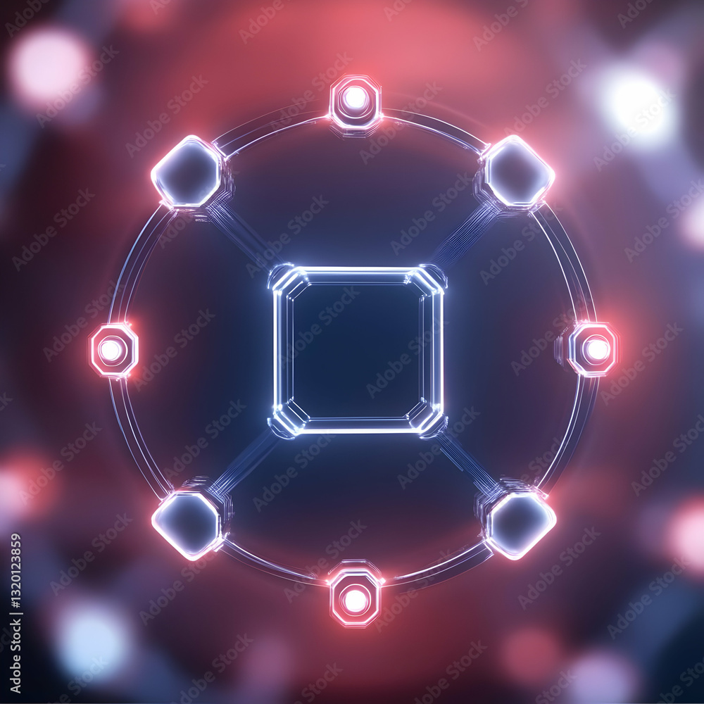 Poster abstract 3d rendering of a glowing geometric cube connected to a circular frame by illuminated strut