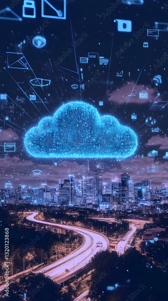 Poster digital cloud data network connects smart city at night, illuminated by glowing digital icons and da
