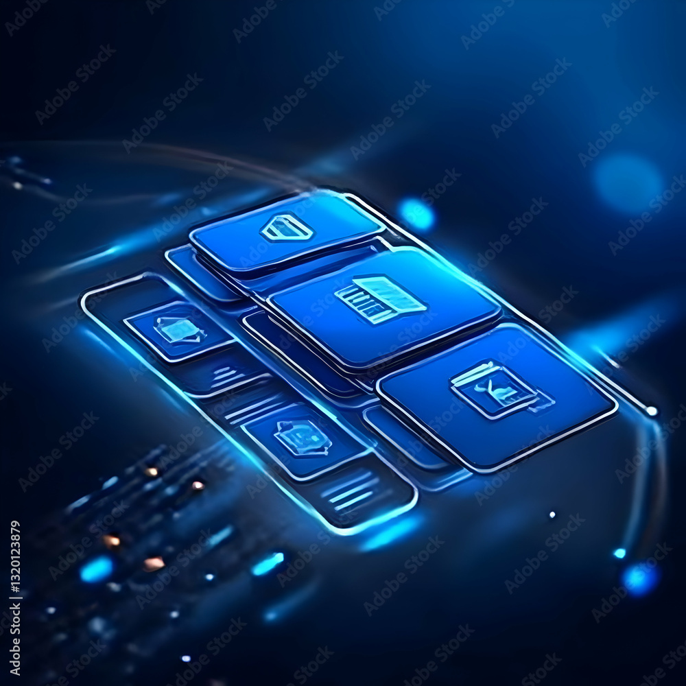 Poster abstract 3d digital interface displays futuristic technology buttons glowing blue background