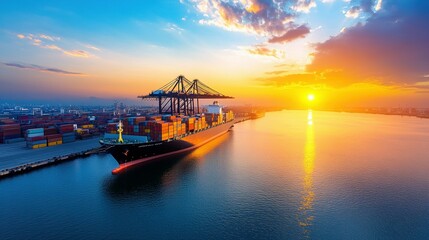 Obraz premium Large cargo ship docked near the harbor during a beautiful sunset