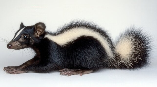 A striking close-up of a black-and-white-striped skunk, its face turned subtly to the right. Its elegant stripes contrast sharply against its soft fur, capturing an intriguing balance between wild bea