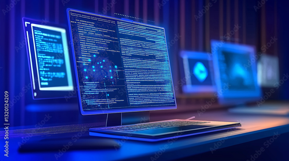 Aufkleber Computer showing futuristic code and data analysis on multiple screens in a dark room