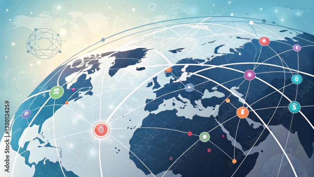 Poster a digital illustration of a globe interconnected by lines, symbolizing global communication and data