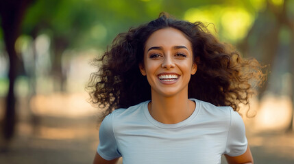 Young sporty woman running and smiling in a park