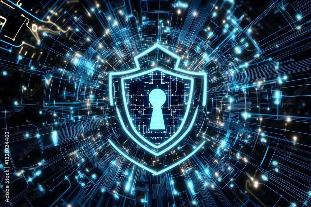 Poster abstract 3d digital shield with keyhole illustrates network security and data protection in a futuri