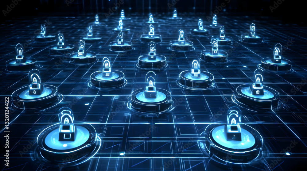 Poster abstract 3d digital network: glowing padlocks on a circuit background