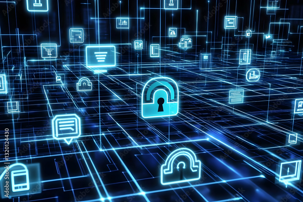 Poster abstract 3d digital network with glowing icons and security locks, illustrating data security and co
