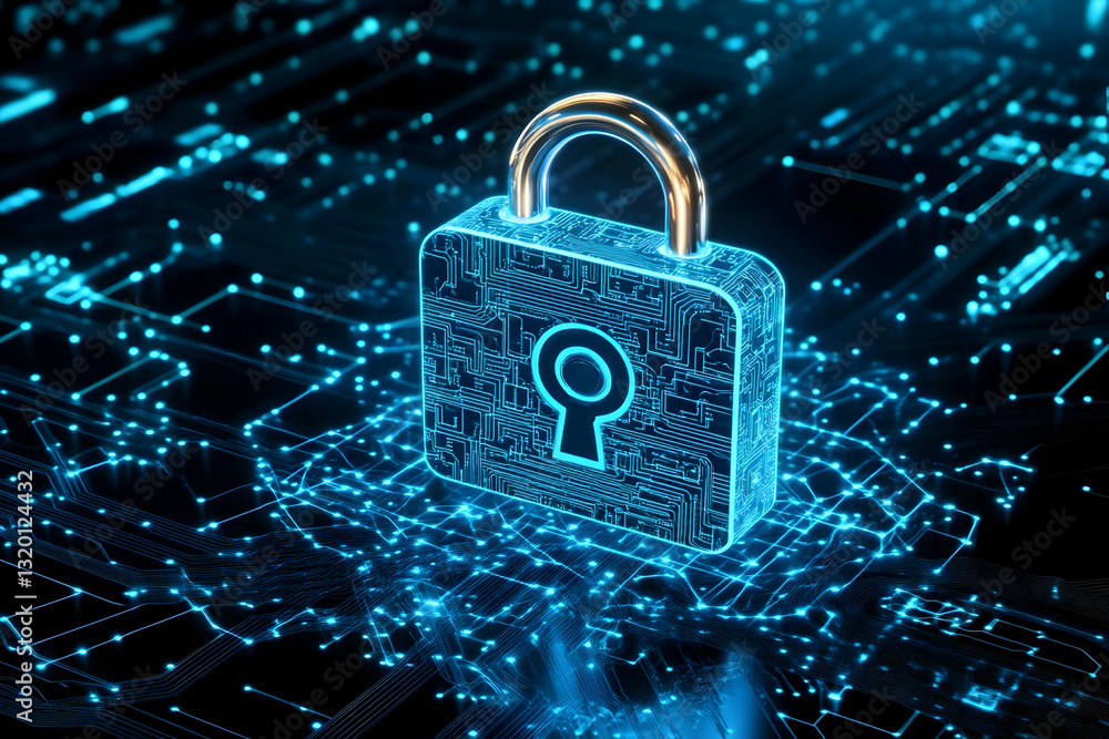Poster cybersecurity: 3d padlock illustrates digital data protection on abstract circuit background