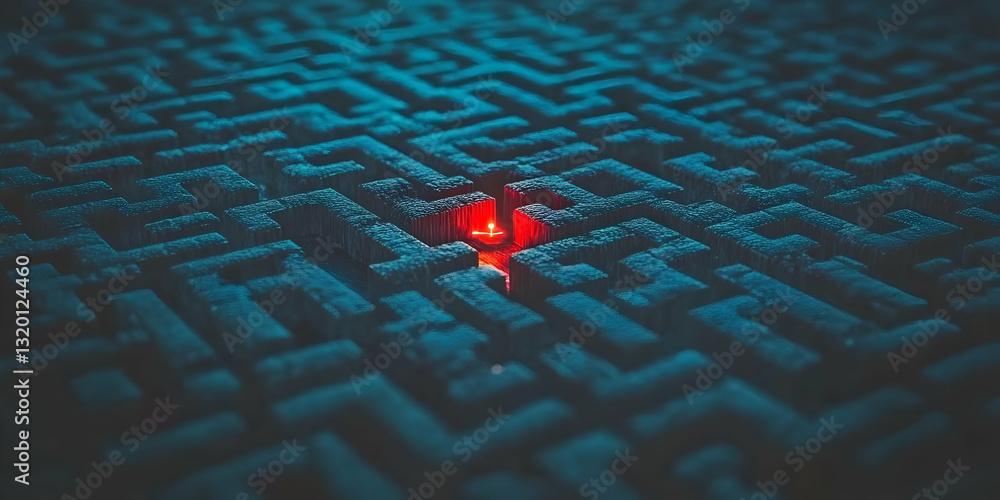Aufkleber 3d render of a complex teal maze with a glowing red path to the center, illustrating problem-solving