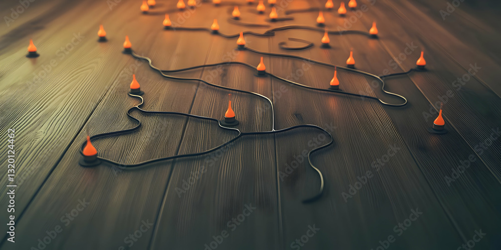 Aufkleber abstract 3d render of glowing lights connected by wires on wooden surface, creating intriguing netwo