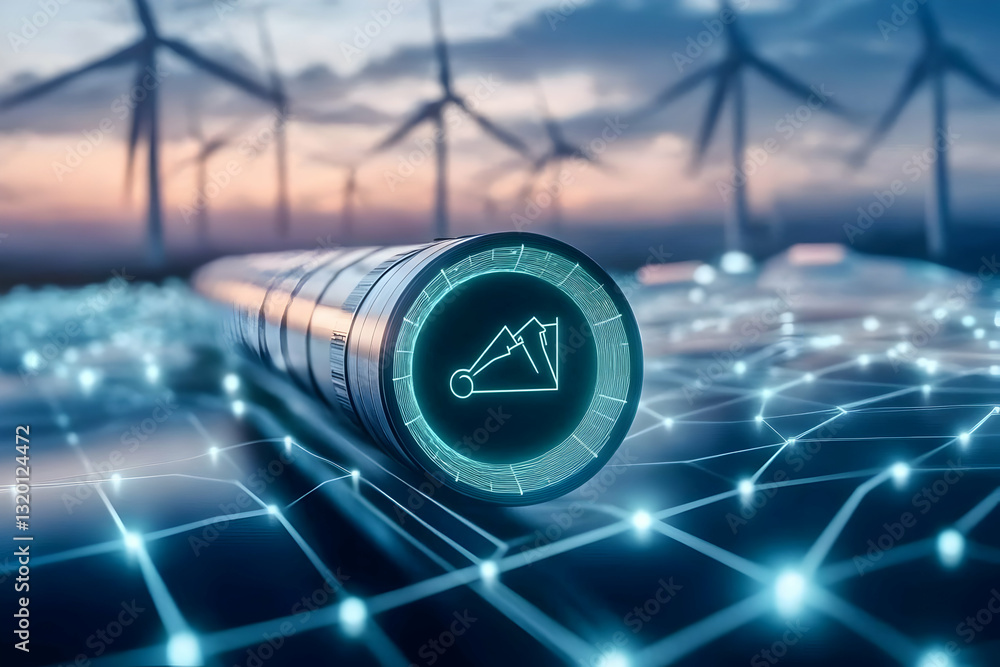 Poster 3d render: cylindrical data hub with wind turbine background, showing energy network growth.