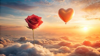 Fototapeta premium A Single Rose and a Heart-Shaped Balloon Drifting Above a Sea of Clouds at Sunset