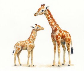 Obraz premium Giraffe Mother and Baby Watercolor Illustration Soft Pastel Wildlife Art