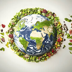 Artistic Earth Globe Surrounded by Lush Greenery and Assorted Foods, Representing Global Food Production and Sustainability.