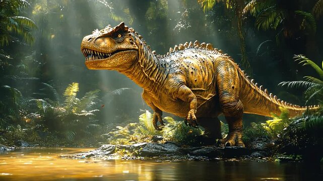 Majestic Allosaurus in Lush Jurassic Habitat: A formidable Allosaurus, ancient apex predator, stands by a serene jungle river, capturing a dramatic moment from the age of dinosaurs.