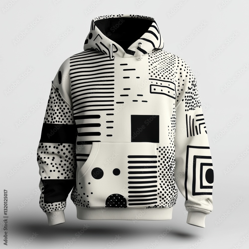 Aufkleber abstract 3d render of a black and white hoodie with geometric patterns and textured elements