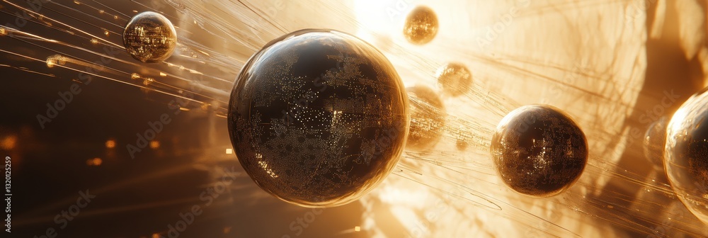 Leinwandbilder Multiple spheres connected by light beams represent unique virtual worlds in a vast cosmic space