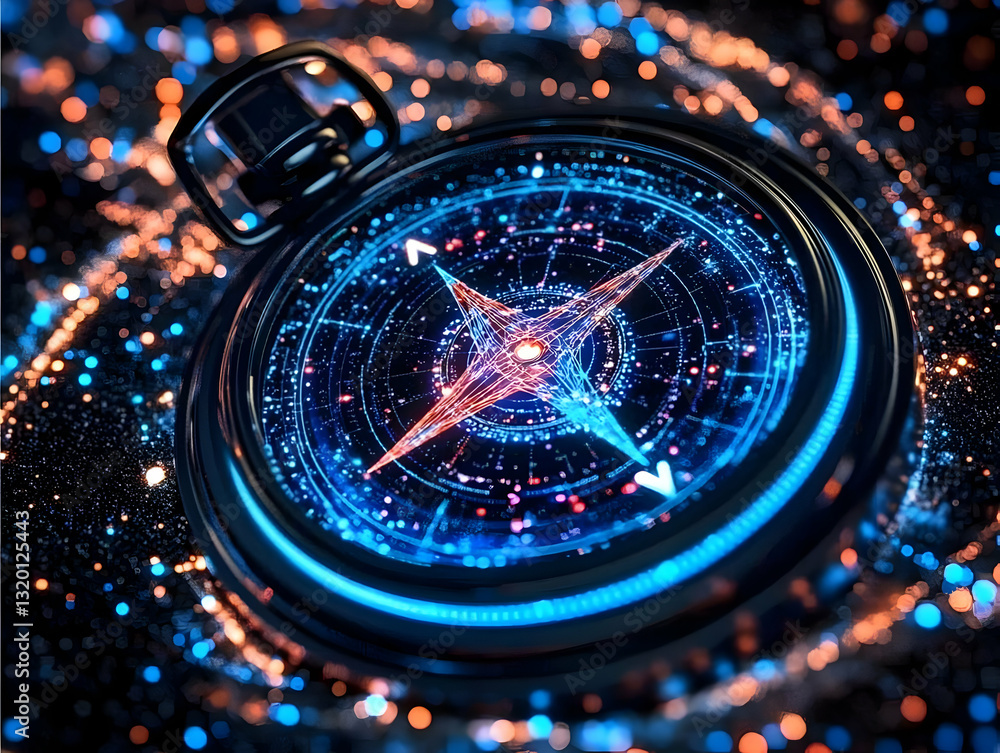 Poster futuristic digital compass illuminates the path, guiding navigation through abstract nebula backgrou