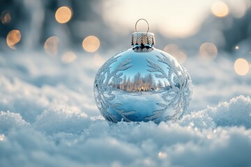 Shiny Glass Christmas Ornament with Snow Texture Festive Background in Pastel Colors