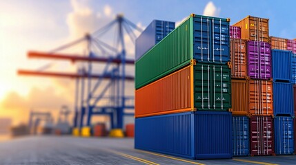 Colorful shipping containers are stacked in a busy industrial port location