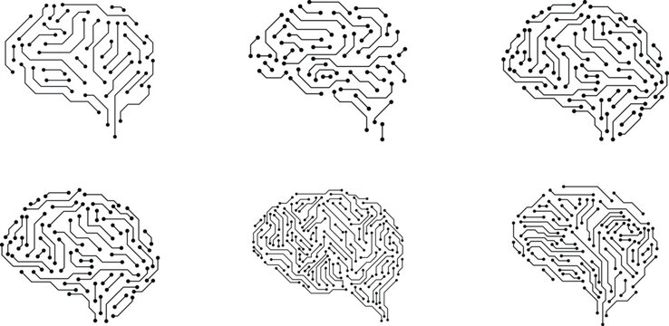 Set of digital brain icons. Electronic brain. Big data, artificial intelligence, machine learning, technology, ai,and computer chip concept