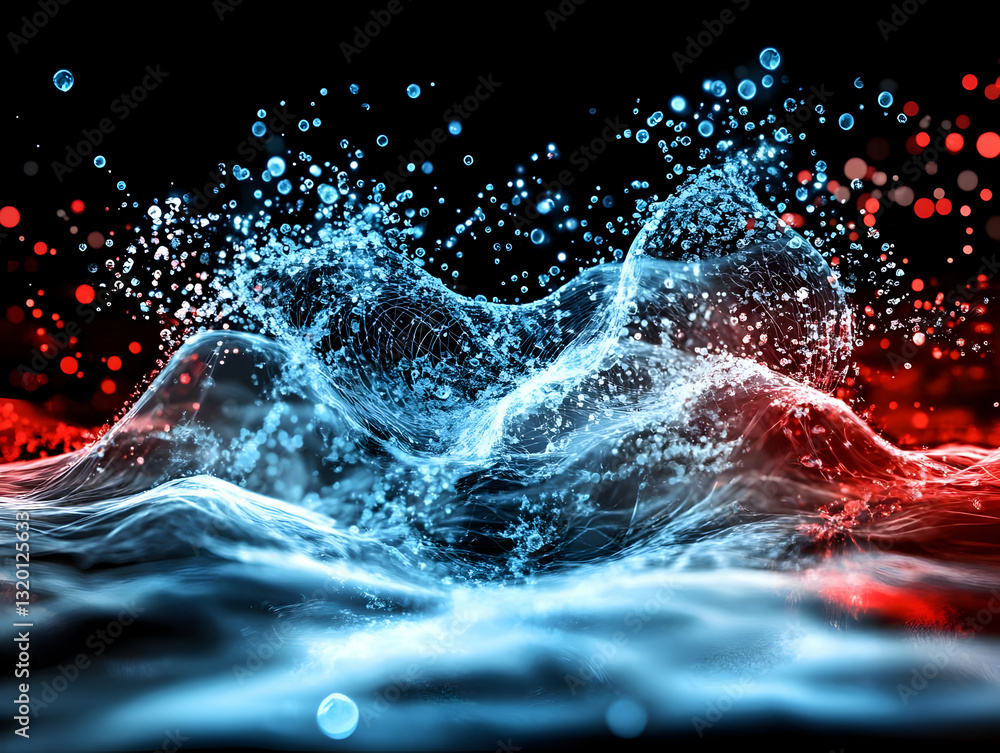 Poster abstract 3d render of blue and red liquid interacting, creating a dynamic and energetic composition 