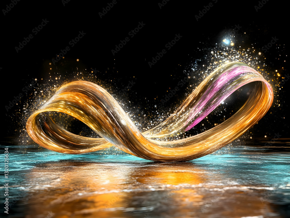 Poster abstract 3d render of a golden and pink flowing ribbon with sparkling particles on dark background