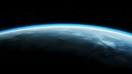 Fototapeta premium 3D Render of a Dark Blue Exoplanet with a Glowing Atmosphere Viewed from Space, Showing Starry Background