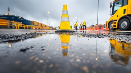 Bright Yellow Safety Cone Reflected in Puddle on Road