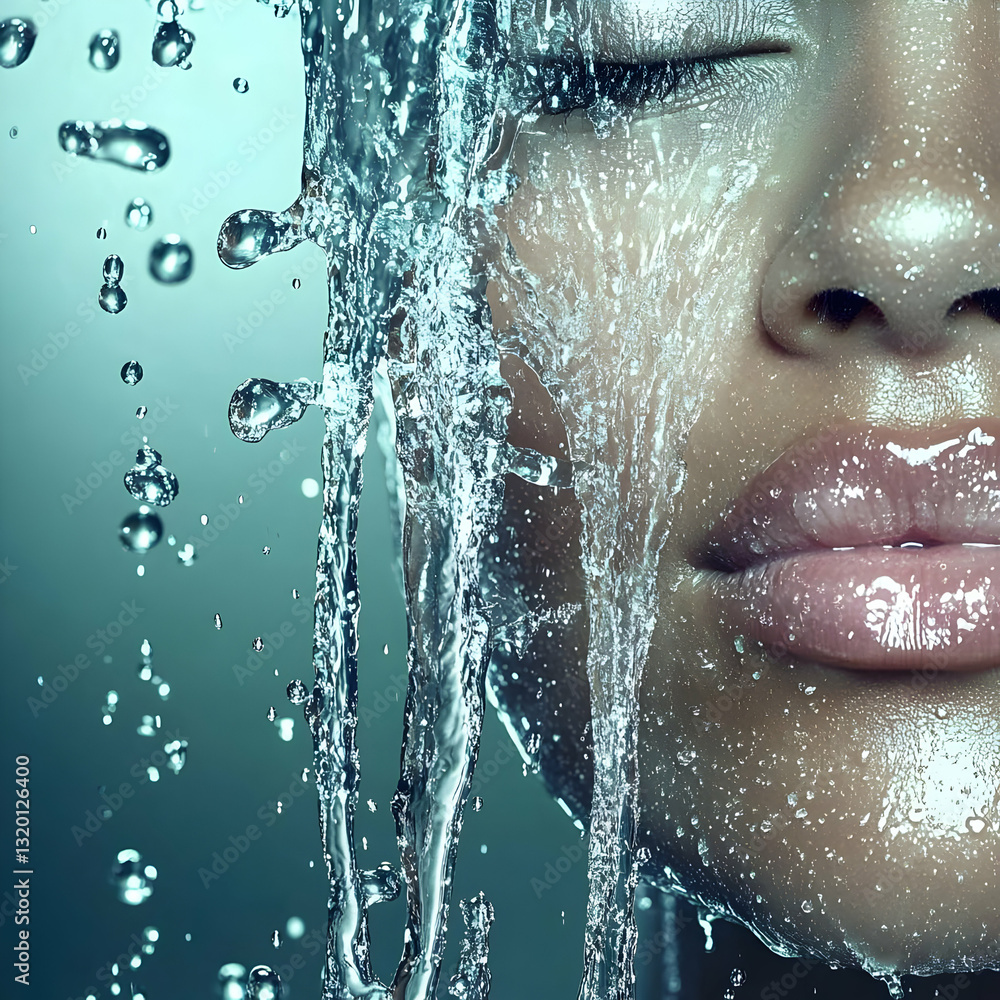 Poster close-up of a face covered in water splashes, a dynamic abstract background image with a teal hue