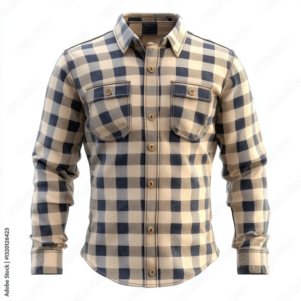 Poster realistic 3d render of casual beige button-up shirt with checkered pattern and flap pockets