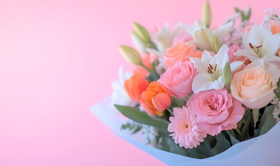 A stunning bouquet of vibrant flowers, elegantly arranged with a mix of roses, tulips, and lilies, Generative AI