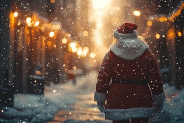 Santa Claus Walking in Snowy Urban Street with Bokeh Lights and Warm Lighting