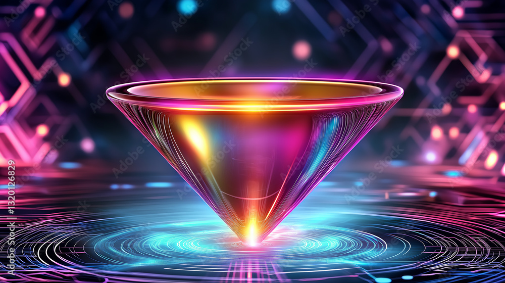 Poster glowing futuristic cone emitting light beams and rings on digital circuit background
