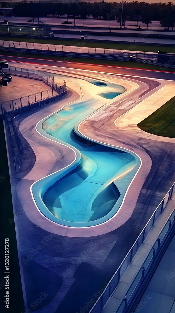 Poster abstract artistic rendering of a race track with integrated pools at dusk