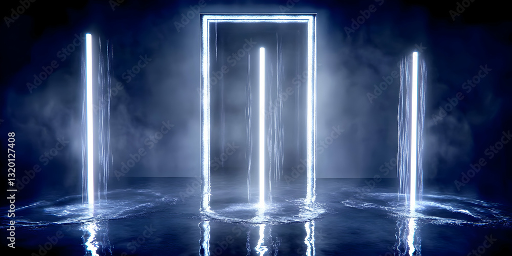Poster 3d render of glowing neon light beams emerging from a rectangular portal into dark water