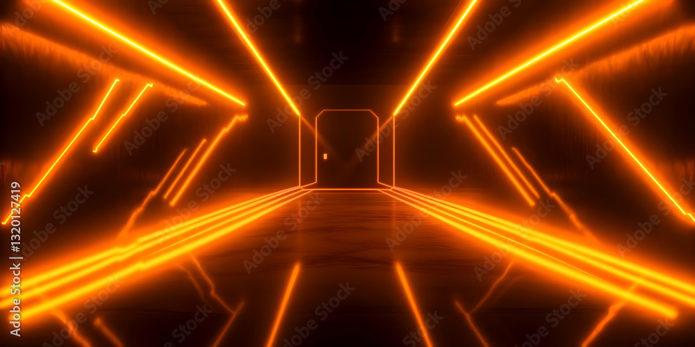 Aufkleber abstract 3d rendering of glowing orange neon lines illuminating a dark corridor with reflective floo