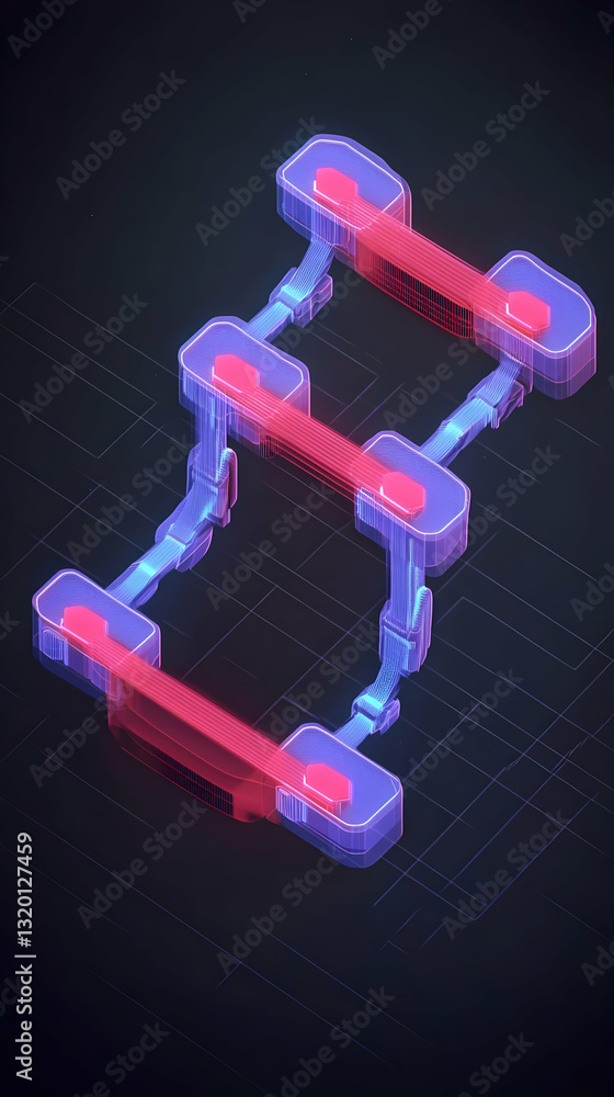 Poster abstract 3d render of futuristic network: interconnected nodes transfer data in a glowing, isometric