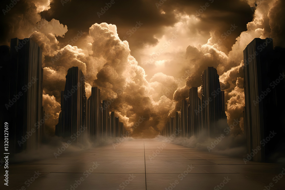 Poster digital 3d illustration of a path between dark pillars leading to a bright cloudy sky, showcasing an