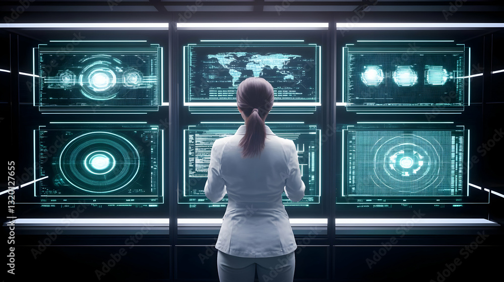 Poster woman observes futuristic data streams on multiple screens in a dark room, monitoring global network