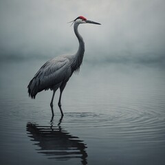 A minimalistic digital art of a crane standing in still water. © Muhammad