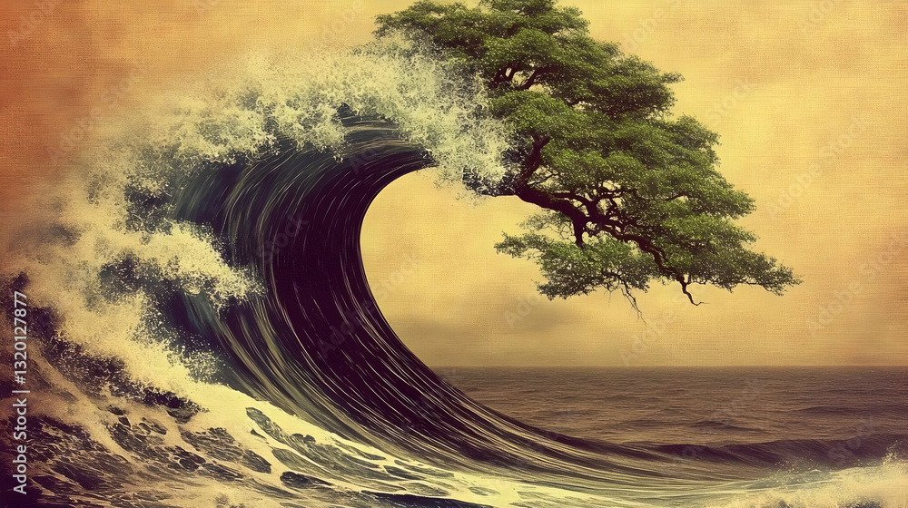Poster digital painting of a large ocean wave with a tree on top, abstract background