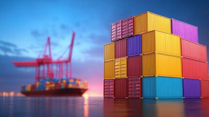 Obraz premium Colorful shipping containers stacked near a large ship at twilight