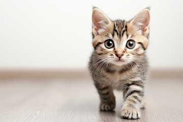 Obraz premium An adorable kitten with striped fur is walking towards the viewer