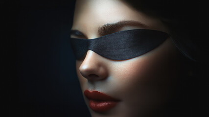 A mysterious portrait of a beautiful woman wearing a fabric blindfold over her eyes. Bright red lips. Surreal and ominous atmosphere. Perfect complexion. © Daniel L