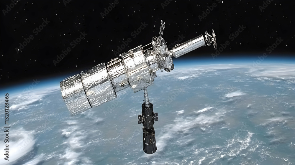 Poster 3d render of spacecraft docking with space station above earth's atmosphere, showing realistic detai